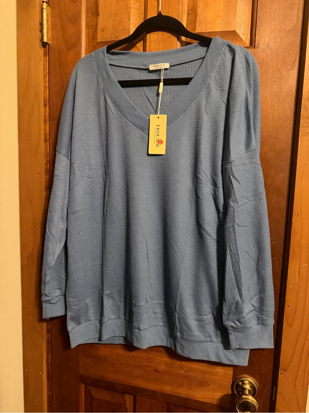 Ekouaer Dusty Blue V-Neck Waffle Knit Pullover